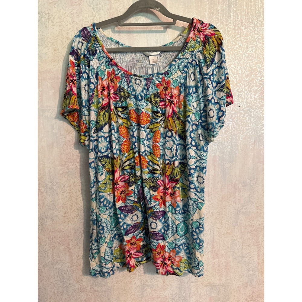 CJ Banks Floral Tropical Smocked Neck Short Sleeve Top Blue Pink 2X